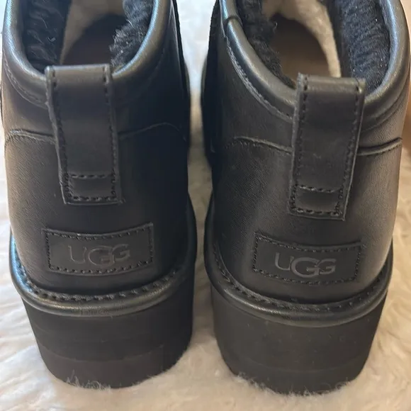 UGG Classic Ultra Mini Platform Leather Boots, Black, Size 10