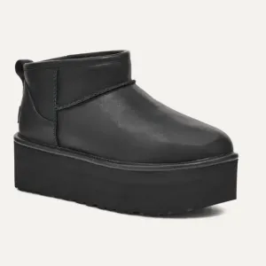 UGG Classic Ultra Mini Platform Leather Boots, Black, Size 10