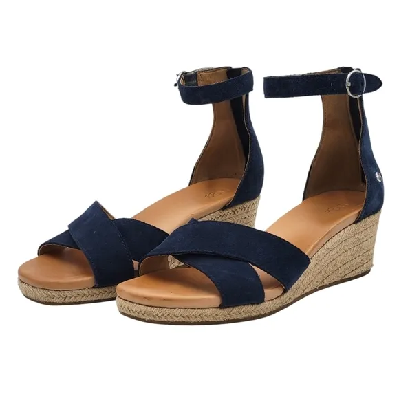UGG Eugenia Espadrille Wedge Sandals Size 9 Suede Upper Ankle Strap Back Zipper