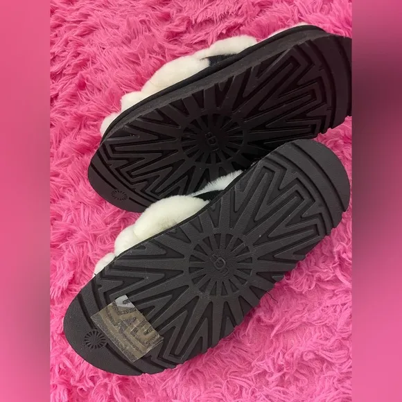 UGG Fluffy Fluff Disco Cross Slide SlipperBlack and White Platform Sandals 8