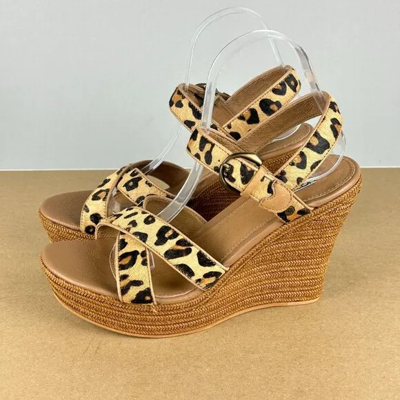 UGG Jasmine Calf Hair Leopard Print Espadrille Wedge Sandals Womens 9 Tan