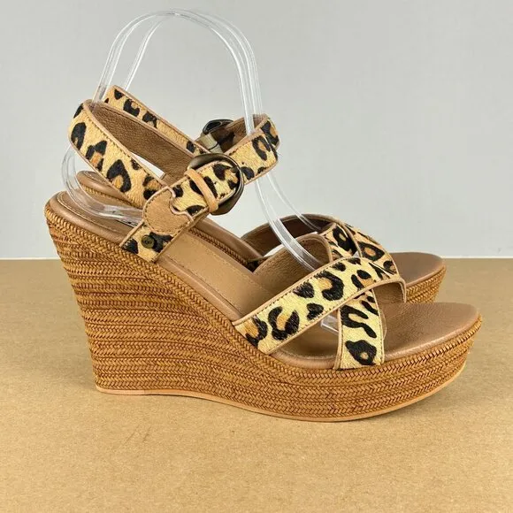 UGG Jasmine Calf Hair Leopard Print Espadrille Wedge Sandals Womens 9 Tan