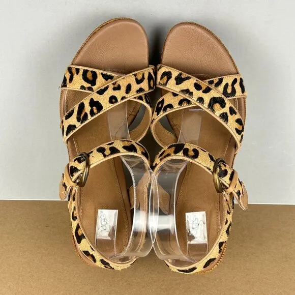 UGG Jasmine Calf Hair Leopard Print Espadrille Wedge Sandals Womens 9 Tan