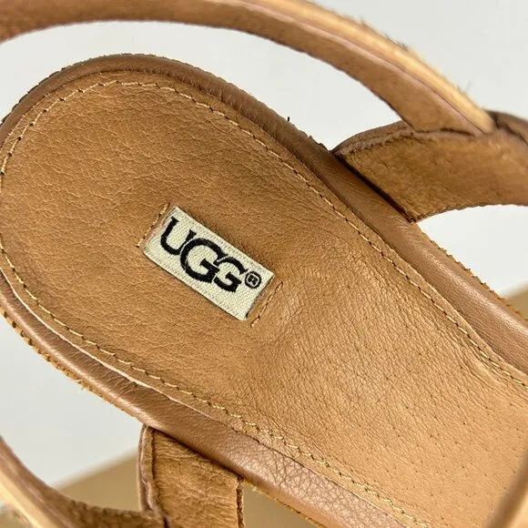 UGG Jasmine Calf Hair Leopard Print Espadrille Wedge Sandals Womens 9 Tan