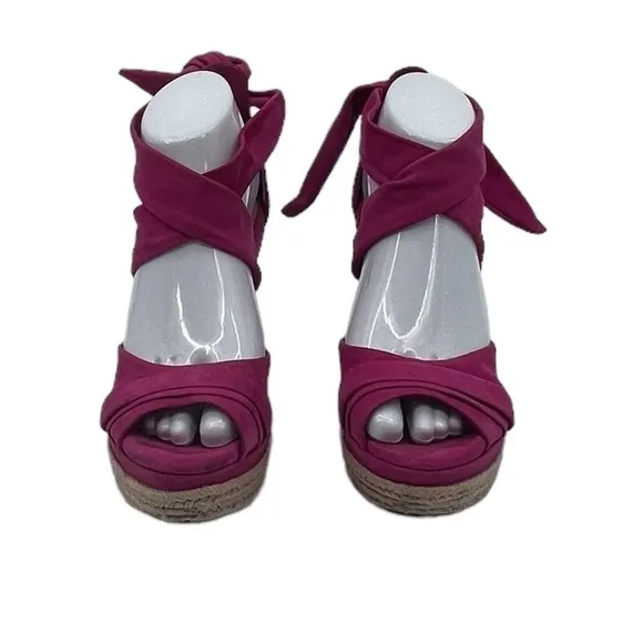 UGG Pink Lucy Espadrille Bow Tie Ankle Strap Jute Wedge Sandals Size 8.5 Women’s