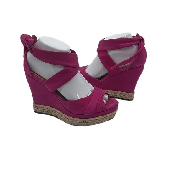 UGG Pink Lucy Espadrille Bow Tie Ankle Strap Jute Wedge Sandals Size 8.5 Women’s