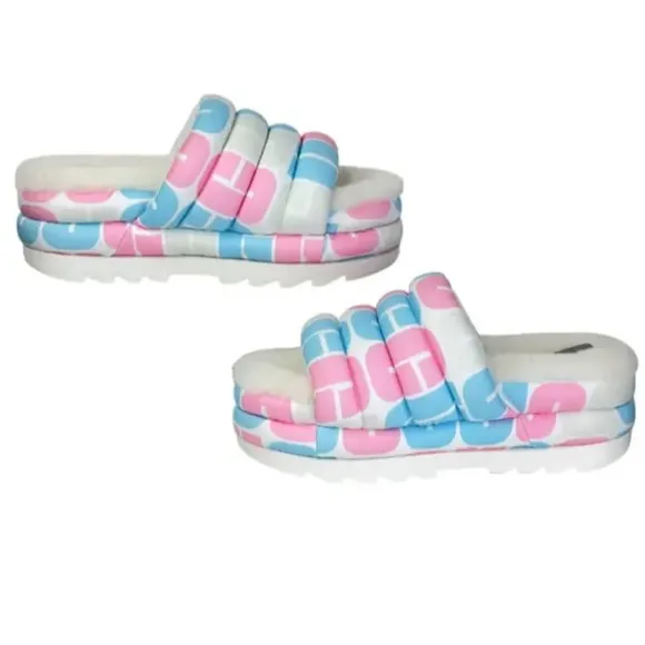 UGG Pride Puffer NEW Platform Pink 1127076 Platform Sheepskin Slide Sandal