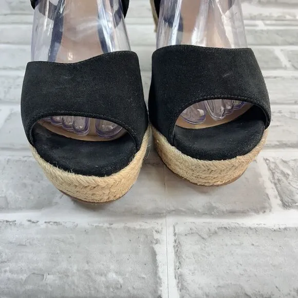 UGG Reagan Women's Size 9 Black Suede Ankle Tie Wedge Espadrille Sandals