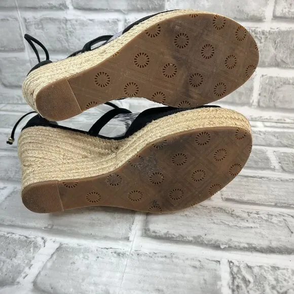 UGG Reagan Women's Size 9 Black Suede Ankle Tie Wedge Espadrille Sandals