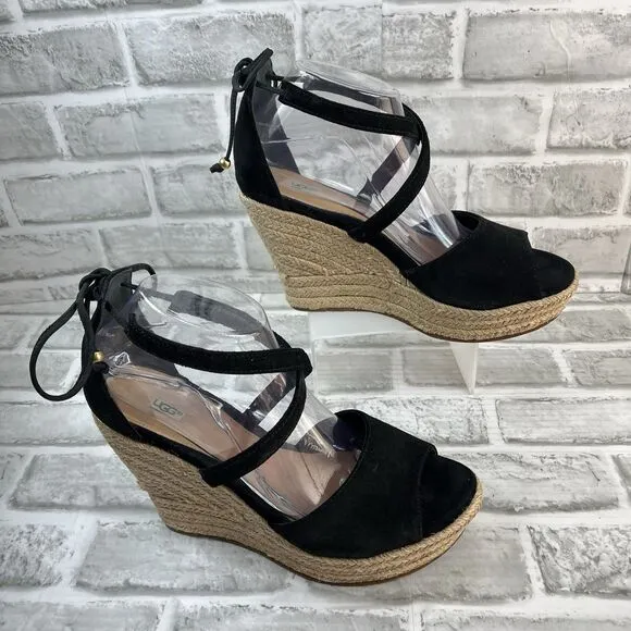 UGG Reagan Women's Size 9 Black Suede Ankle Tie Wedge Espadrille Sandals