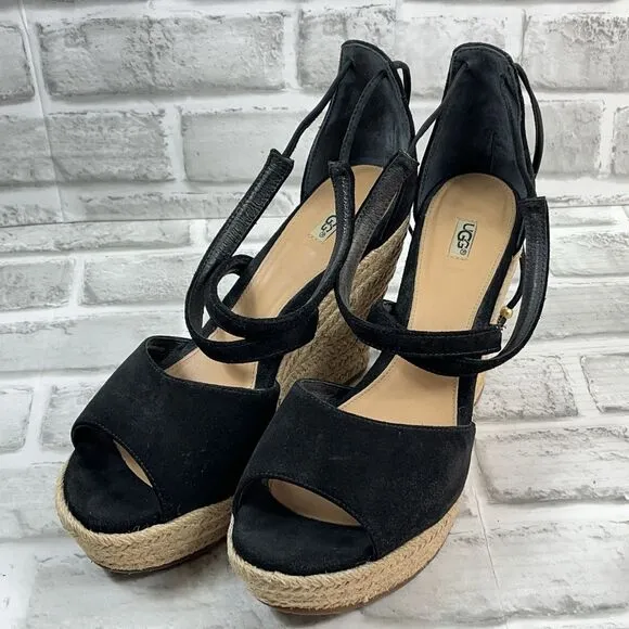 UGG Reagan Women's Size 9 Black Suede Ankle Tie Wedge Espadrille Sandals