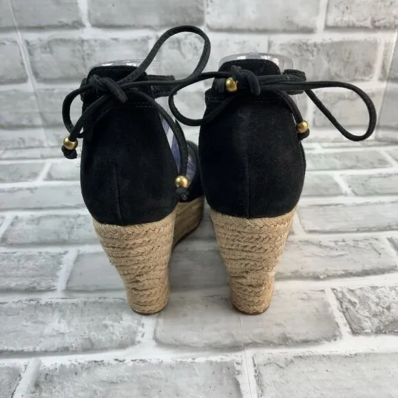 UGG Reagan Women's Size 9 Black Suede Ankle Tie Wedge Espadrille Sandals
