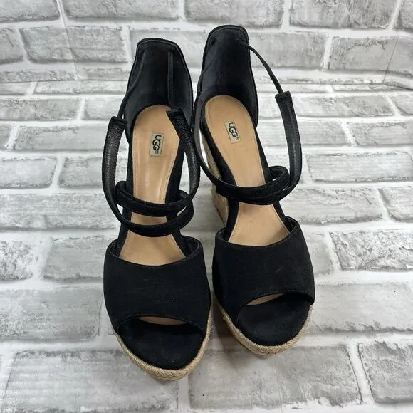 UGG Reagan Women's Size 9 Black Suede Ankle Tie Wedge Espadrille Sandals