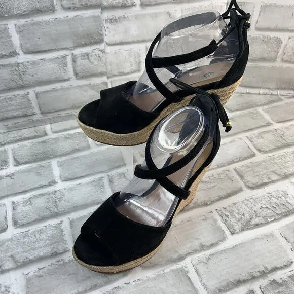 UGG Reagan Women's Size 9 Black Suede Ankle Tie Wedge Espadrille Sandals