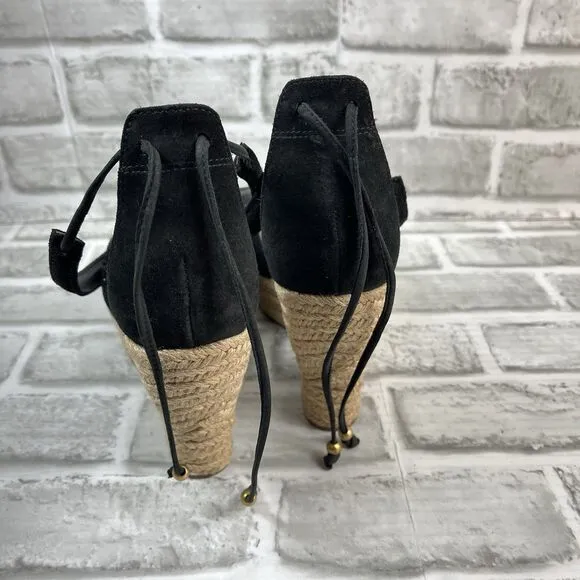 UGG Reagan Women's Size 9 Black Suede Ankle Tie Wedge Espadrille Sandals