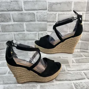 UGG Reagan Women's Size 9 Black Suede Ankle Tie Wedge Espadrille Sandals
