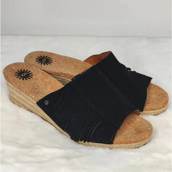 Ugg Suede Fringe Heeled Wedge Espadrille Sandals sz 8.5