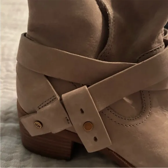 UGG Tan Ankle Boots with Suede Strap and Low Heel