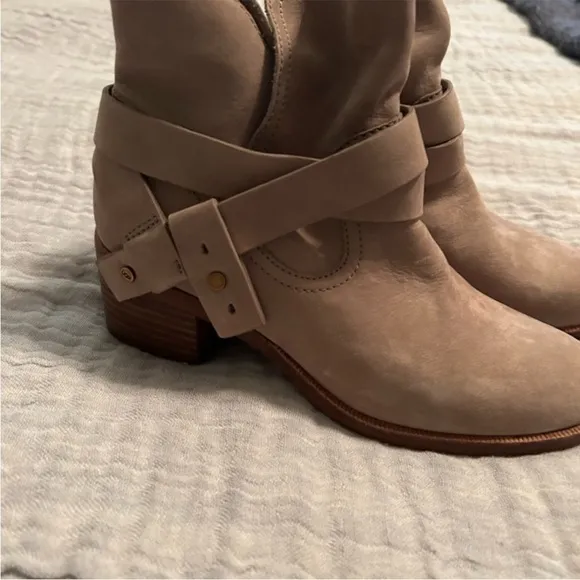 UGG Tan Ankle Boots with Suede Strap and Low Heel
