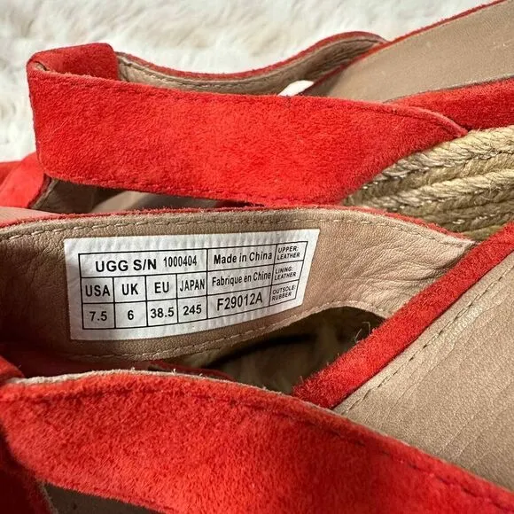 Ugg Tawnie Sandals Womens 7.5 Red Suede Leather Espadrille Wedge Koi