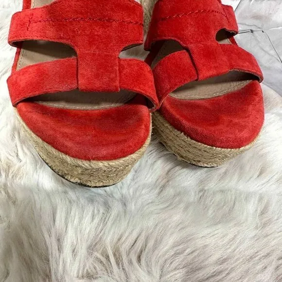 Ugg Tawnie Sandals Womens 7.5 Red Suede Leather Espadrille Wedge Koi