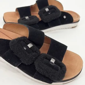 Ugg Womens Black Tan Fluff Indio Suede Slide Sandal Size 8