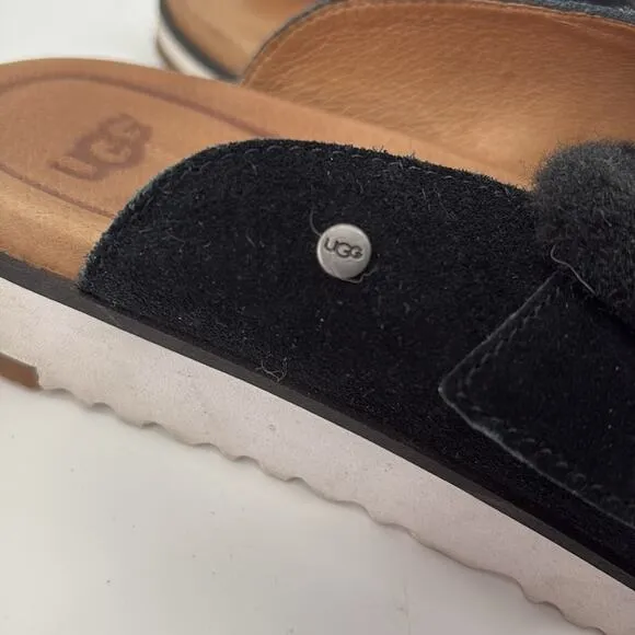 Ugg Womens Black Tan Fluff Indio Suede Slide Sandal Size 8
