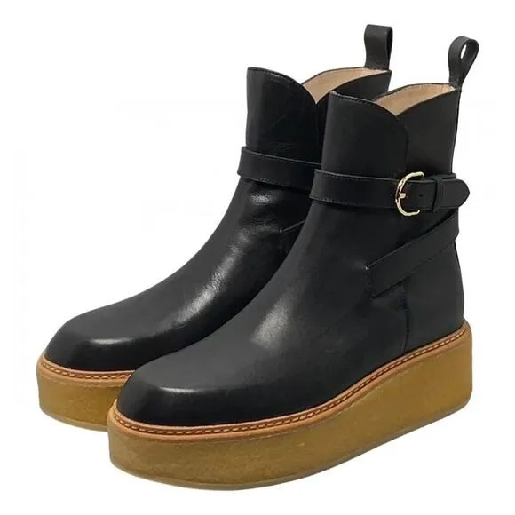Ullah Johnson Black Platform Ankle Boots with Gold Buckle