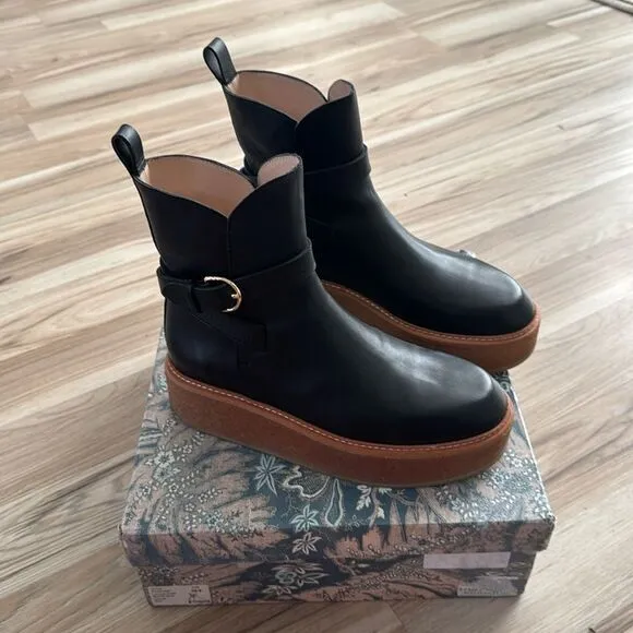 Ullah Johnson Black Platform Ankle Boots with Gold Buckle
