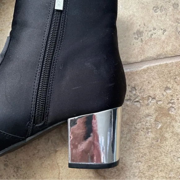 Unisa Black Satin Silver Block Heel Ankle Boots Size 6.5