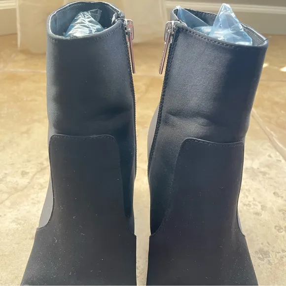 Unisa Black Satin Silver Block Heel Ankle Boots Size 6.5