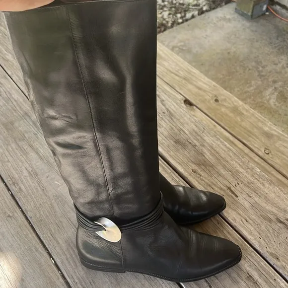 Unisa Flex Black Leather Riding Boots Sz 8 – Silver Detail, Vintage Y2K Style