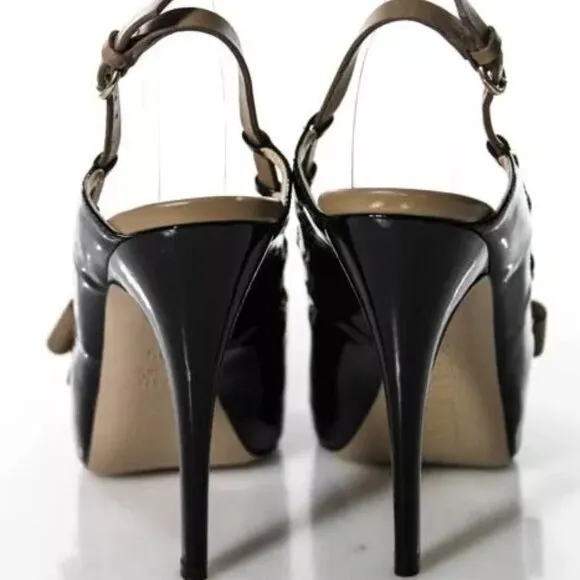 VALENTINO Garavani Black Cream Patent Leather Bow Peep Toe Heels US 9 Italy 39.5