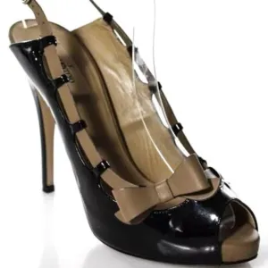 VALENTINO Garavani Black Cream Patent Leather Bow Peep Toe Heels US 9 Italy 39.5