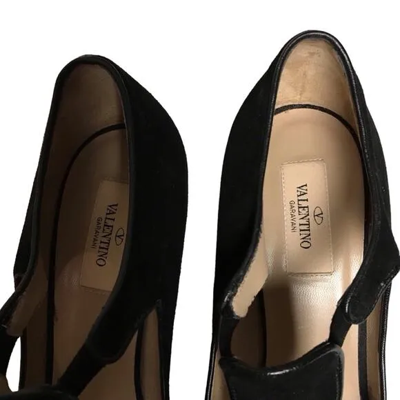 Valentino Garavani Black Suede Leather Peep Toe Bow T Strap Heels Pumps Shoes 39