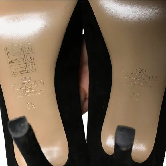 Valentino Garavani Black Suede Leather Peep Toe Bow T Strap Heels Pumps Shoes 39