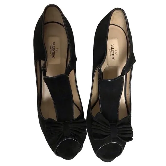 Valentino Garavani Black Suede Leather Peep Toe Bow T Strap Heels Pumps Shoes 39