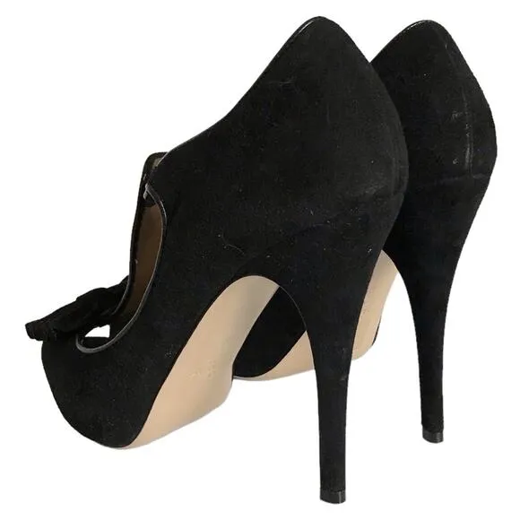 Valentino Garavani Black Suede Leather Peep Toe Bow T Strap Heels Pumps Shoes 39