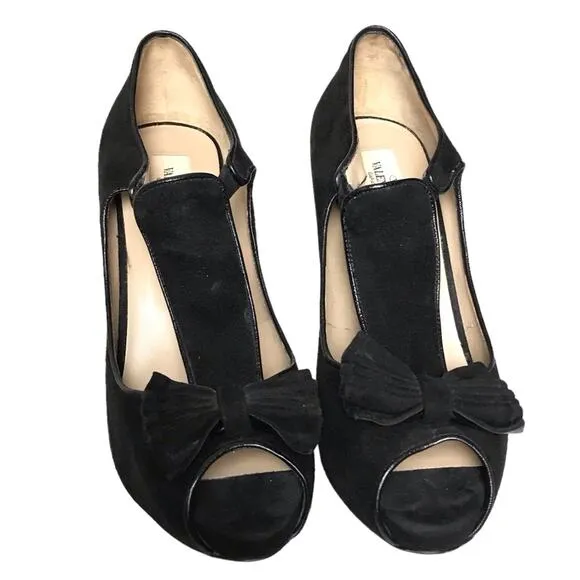 Valentino Garavani Black Suede Leather Peep Toe Bow T Strap Heels Pumps Shoes 39