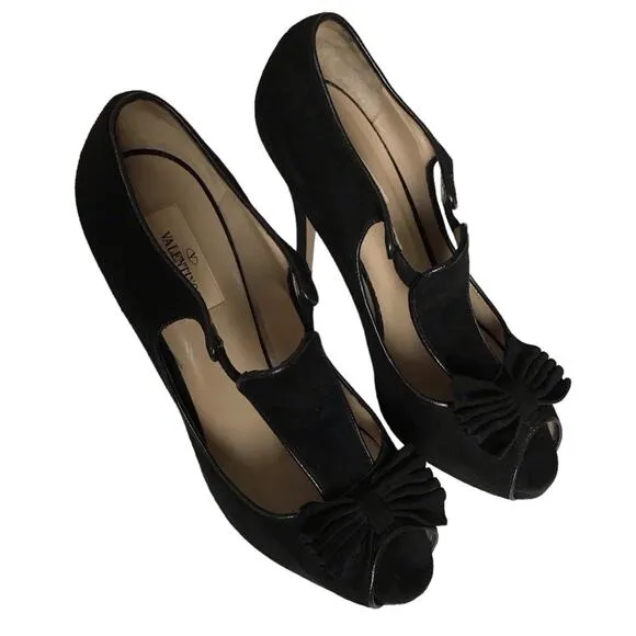 Valentino Garavani Black Suede Leather Peep Toe Bow T Strap Heels Pumps Shoes 39