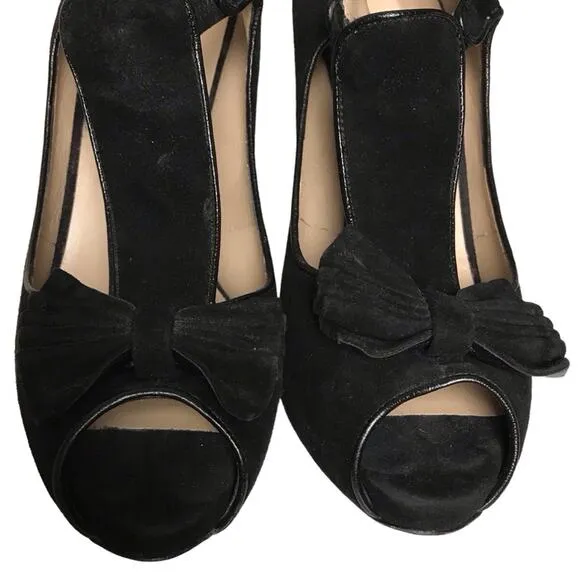 Valentino Garavani Black Suede Leather Peep Toe Bow T Strap Heels Pumps Shoes 39