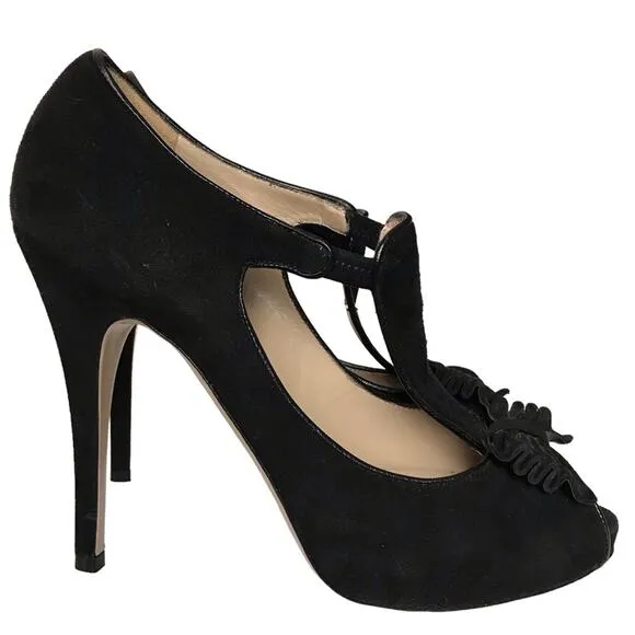 Valentino Garavani Black Suede Leather Peep Toe Bow T Strap Heels Pumps Shoes 39