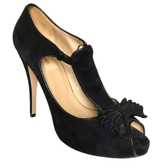 Valentino Garavani Black Suede Leather Peep Toe Bow T Strap Heels Pumps Shoes 39