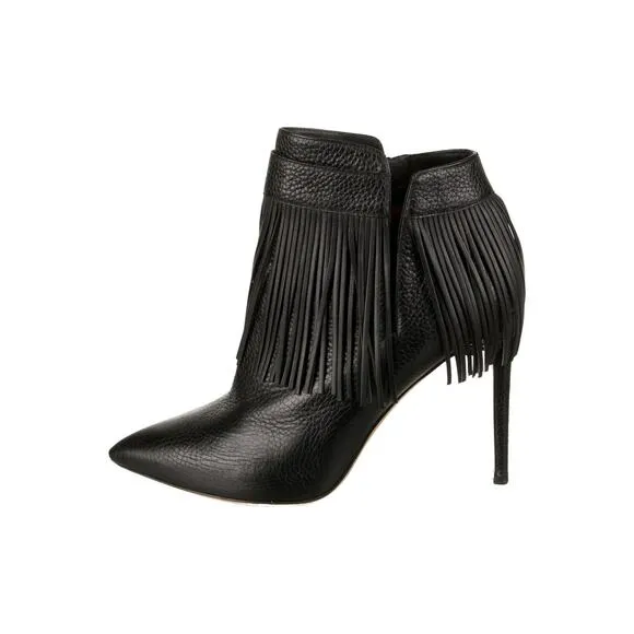 Valentino Garavani Rockee Side Zip Stiletto Fringe Booties Black Leather 37.5
