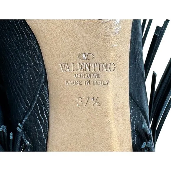 Valentino Garavani Rockee Side Zip Stiletto Fringe Booties Black Leather 37.5