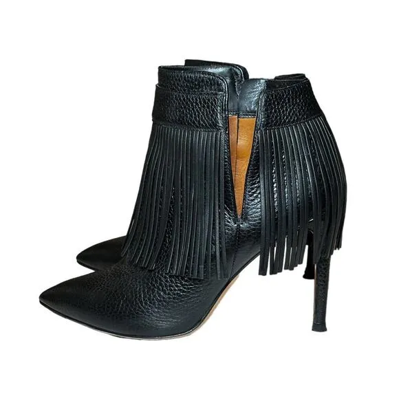 Valentino Garavani Rockee Side Zip Stiletto Fringe Booties Black Leather 37.5