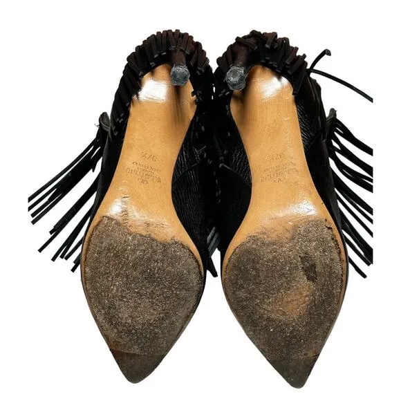 Valentino Garavani Rockee Side Zip Stiletto Fringe Booties Black Leather 37.5