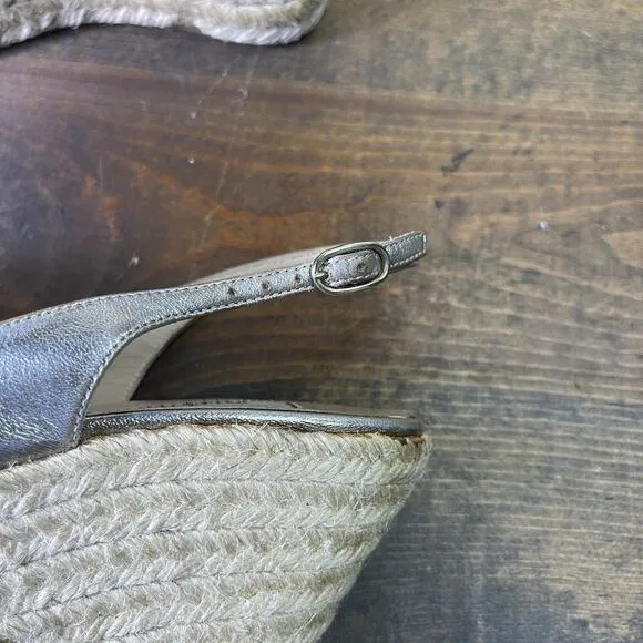 Valentino Metallic Silver Pewter Leather Bow Wedge Espadrille Sandals EU 39 8.5