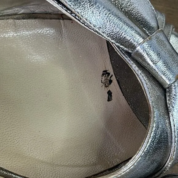 Valentino Metallic Silver Pewter Leather Bow Wedge Espadrille Sandals EU 39 8.5