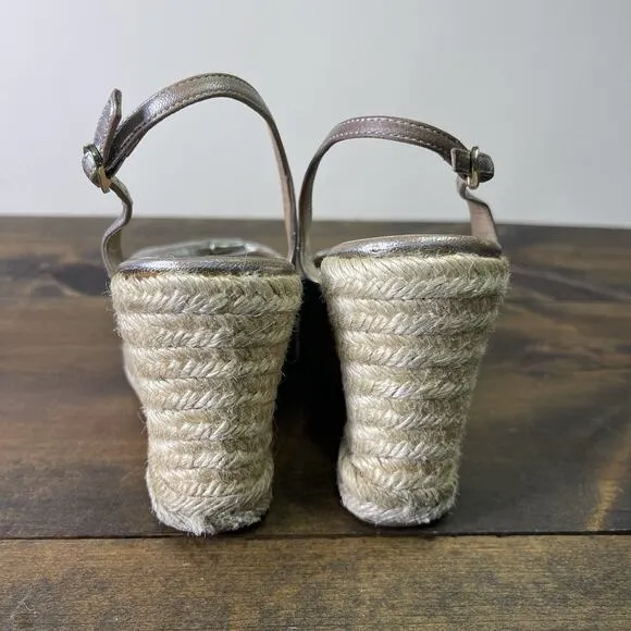 Valentino Metallic Silver Pewter Leather Bow Wedge Espadrille Sandals EU 39 8.5